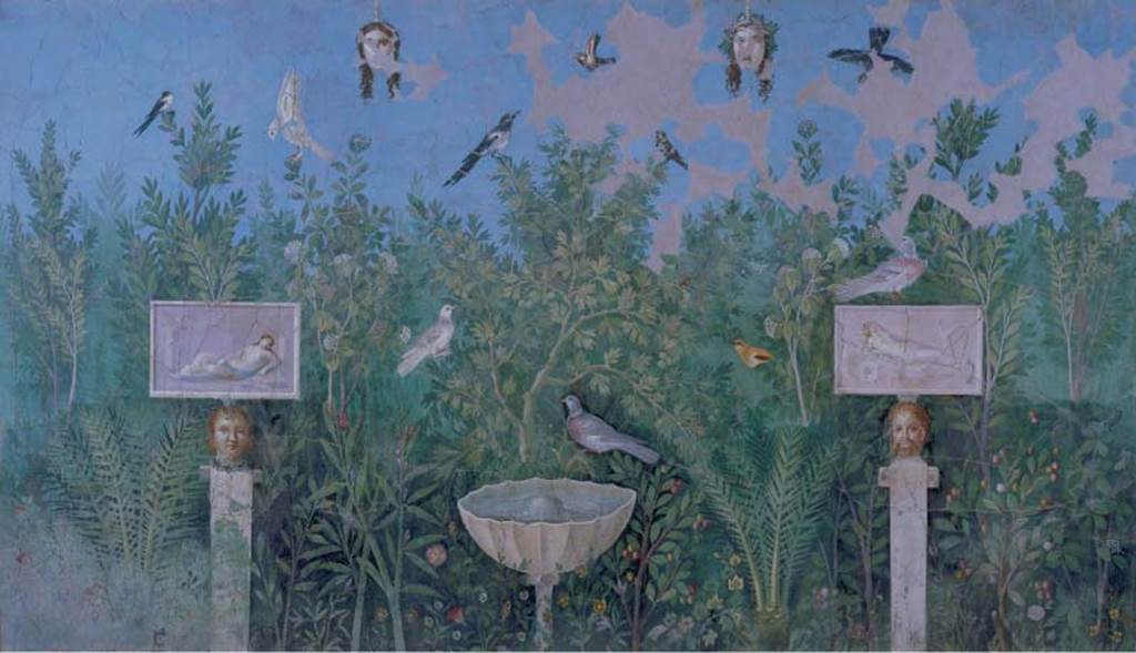 VI.17.42 Pompeii. 1984. Oecus 32, part of garden fresco from north wall, under reconstruction.
Source: The Wilhelmina and Stanley A. Jashemski archive in the University of Maryland Library, Special Collections (See collection page) and made available under the Creative Commons Attribution-Non Commercial License v.4. See Licence and use details.
J84f0094 
