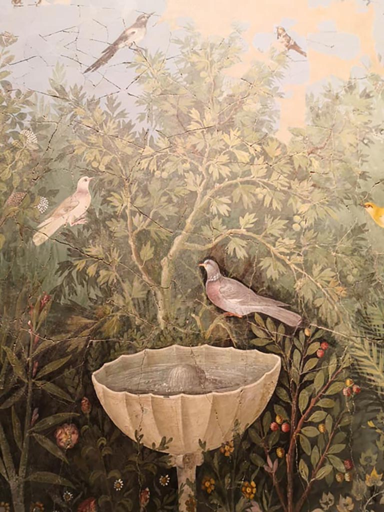 VI.17.42 Pompeii. December 2019. Oecus 32, detail from part of garden fresco from centre of north wall.
On display in exhibition “Pompei e Santorini” in Rome, 2019. Photo courtesy of Giuseppe Ciaramella.