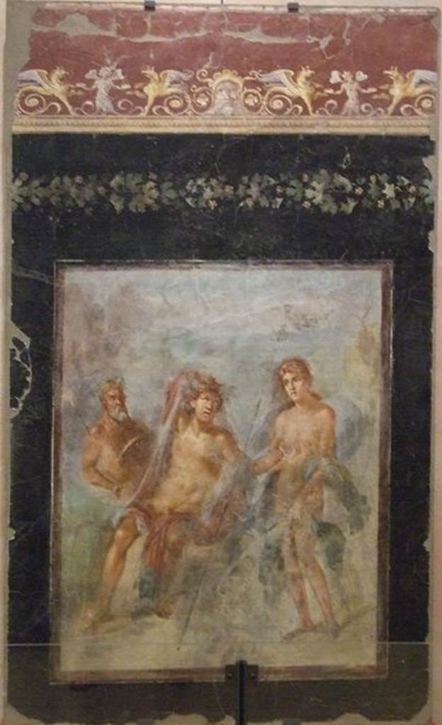 VI.17.42 Pompeii. Triclinium 20 overlooking garden, north wall. Wall painting of Dionysus and Ariadne. SAP 41658. Photographed at “A Day in Pompeii” exhibition at Melbourne Museum. September 2009. According to Richardson this is from the same room (31) as Alexander and Roxanne. See Richardson, L., 2000. A Catalog of Identifiable Figure Painters of Ancient Pompeii, Herculaneum. Baltimore: John Hopkins. (p. 126).