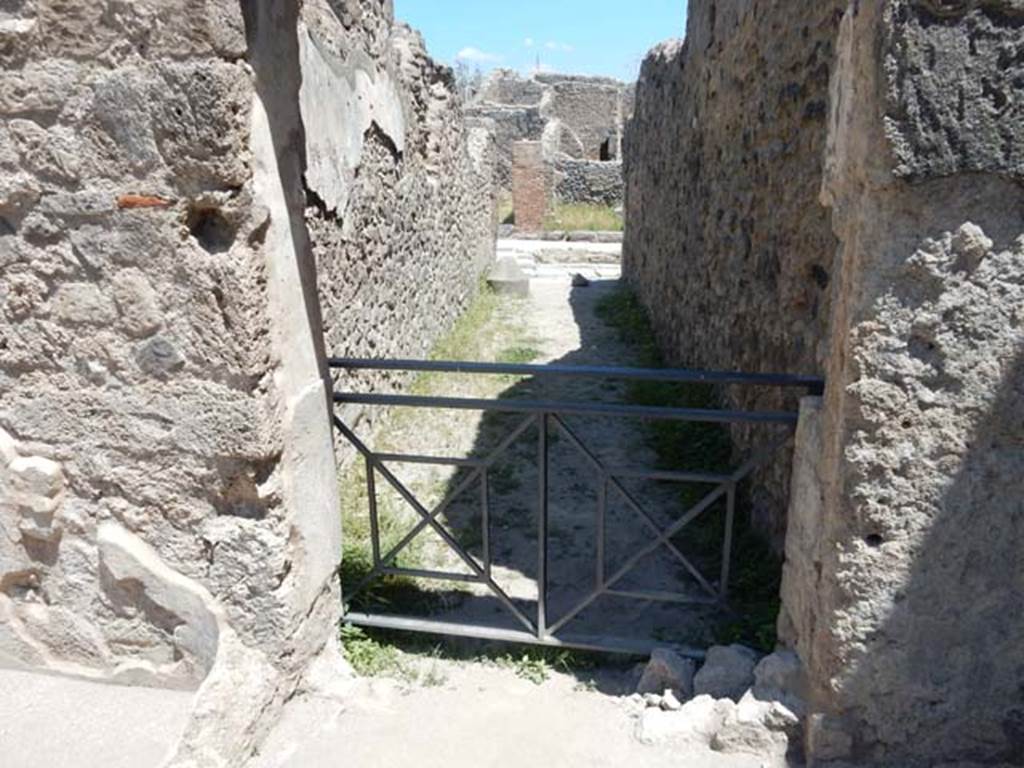 VII.1.18 Pompeii. May 2017. Looking east from room 21 of VII.1.47.
Looking through (no longer bricked-up) doorway (which has now been opened out) to entrance at VII.1.18, leading to Via Stabiana.
Photo courtesy of Buzz Ferebee.