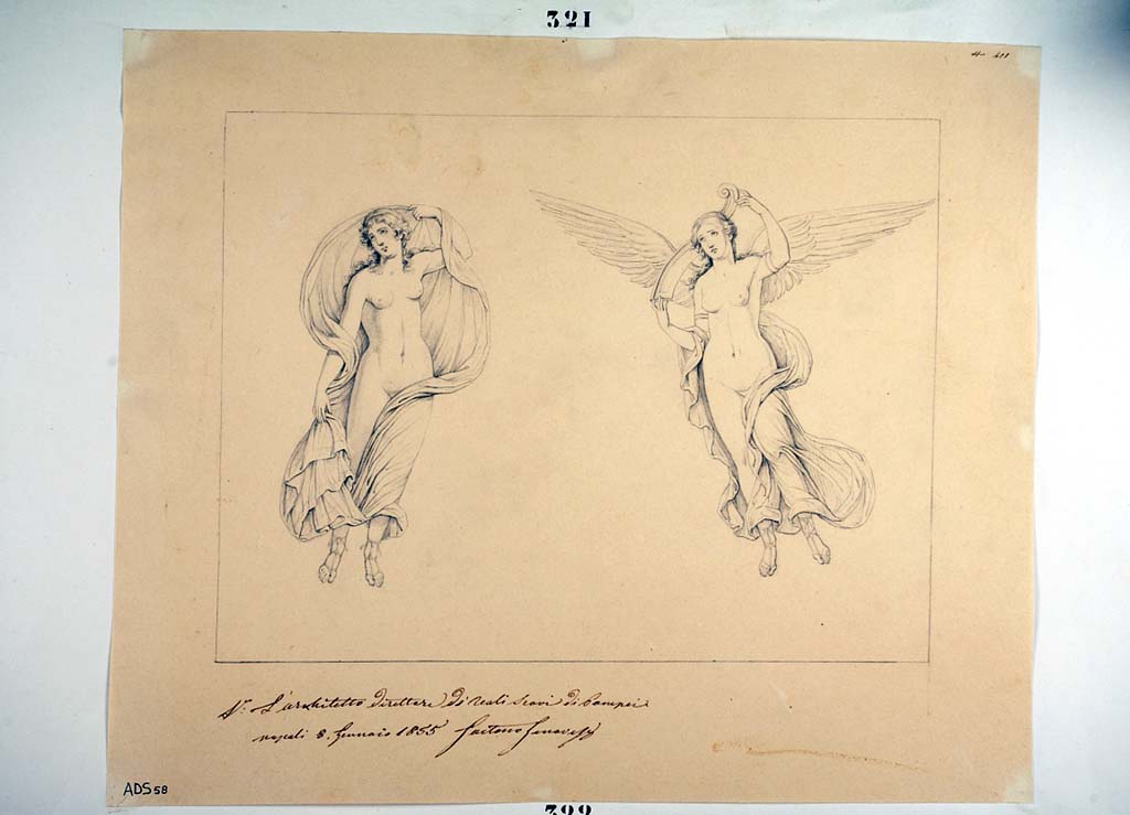 VI.1.25 Pompeii. Peristyle 31. Panel with female figures, 1855, attributed to Nicola La Volpe.
The figure on the right, Vittoria with rudder on her shoulder, would have been seen on the south wall of peristyle 31.
See Helbig, W., 1868. Wandgemälde der vom Vesuv verschütteten Städte Campaniens. Leipzig: Breitkopf und Härtel, (914).
The figure on the left might be provenanced from Casa del Citarista, I.4.5/25.
Now in Naples Archaeological Museum. Inventory number ADS 58.
Photo © ICCD. http://www.catalogo.beniculturali.it
Utilizzabili alle condizioni della licenza Attribuzione - Non commerciale - Condividi allo stesso modo 2.5 Italia (CC BY-NC-SA 2.5 IT)