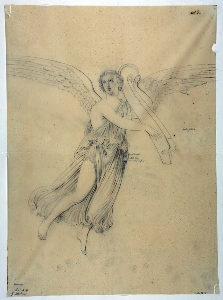 VI.1.25 Pompeii. Drawing by Giuseppe Abbate, of Nike with rudder on shoulder provenanced from south wall of peristyle 31.
No trace of painting remains.
See Helbig, W., 1868. Wandgemälde der vom Vesuv verschütteten Städte Campaniens. Leipzig: Breitkopf und Härtel, (914).
Now in Naples Archaeological Museum. Inventory number ADS 1215.
Photo © ICCD. http://www.catalogo.beniculturali.it
Utilizzabili alle condizioni della licenza Attribuzione - Non commerciale - Condividi allo stesso modo 2.5 Italia (CC BY-NC-SA 2.5 IT)