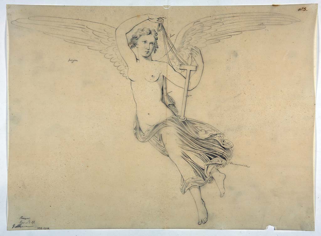 VI.1.25 Pompeii.
Preliminary drawing by Giuseppe Abbate, of Vittoria with sword, provenanced from south wall of peristyle 31.
Now in Naples Archaeological Museum. Inventory number ADS 1216.
Photo © ICCD. http://www.catalogo.beniculturali.it
Utilizzabili alle condizioni della licenza Attribuzione - Non commerciale - Condividi allo stesso modo 2.5 Italia (CC BY-NC-SA 2.5 IT)
See Helbig, W., 1868. Wandgemälde der vom Vesuv verschütteten Städte Campaniens. Leipzig: Breitkopf und Härtel, (911).