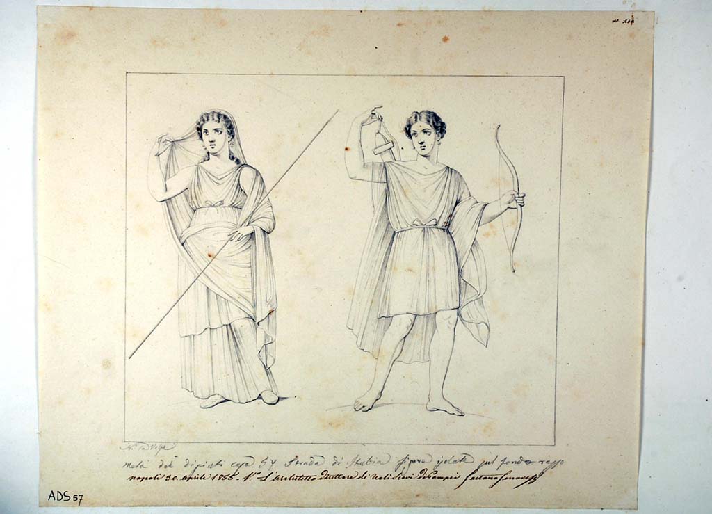 VI.1.25 Pompeii. Drawing by Nicola La Volpe, April 1855, of Leto and Artemis (Helbig 170 and 238) on a red background, from peristyle 31. These painted figures were not preserved.
Now in Naples Archaeological Museum. Inventory number ADS 57.
Photo © ICCD. http://www.catalogo.beniculturali.it
Utilizzabili alle condizioni della licenza Attribuzione - Non commerciale - Condividi allo stesso modo 2.5 Italia (CC BY-NC-SA 2.5 IT)
See Helbig, W., 1868. Wandgemälde der vom Vesuv verschütteten Städte Campaniens. Leipzig: Breitkopf und Härtel, (170 and 238)