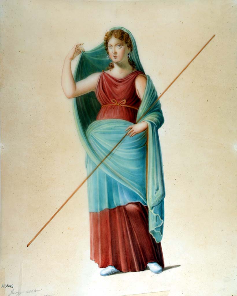 VI.1.25 Pompeii. Painting by Giuseppe Abbate, of the cloaked female figure of the Bacchante Leto, from the south wall of peristyle 31.
Now in Naples Archaeological Museum. Inventory number ADS 49.
Photo © ICCD. http://www.catalogo.beniculturali.it
Utilizzabili alle condizioni della licenza Attribuzione - Non commerciale - Condividi allo stesso modo 2.5 Italia (CC BY-NC-SA 2.5 IT)
See Helbig, W., 1868. Wandgemälde der vom Vesuv verschütteten Städte Campaniens. Leipzig: Breitkopf und Härtel, (170).