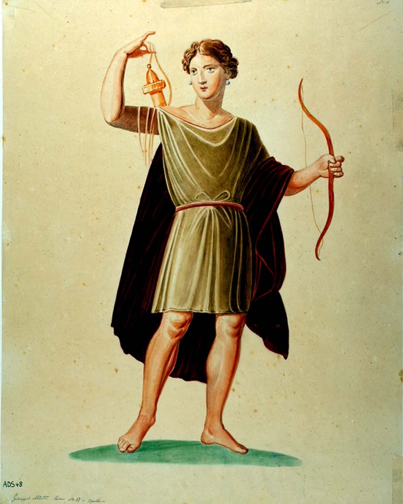 VI.1.25 Pompeii. Painting by Giuseppe Abbate, of Artemis with bow and arrow, from south wall of peristyle 31.
Now in Naples Archaeological Museum. Inventory number ADS 48.
Photo © ICCD. http://www.catalogo.beniculturali.it
Utilizzabili alle condizioni della licenza Attribuzione - Non commerciale - Condividi allo stesso modo 2.5 Italia (CC BY-NC-SA 2.5 IT)