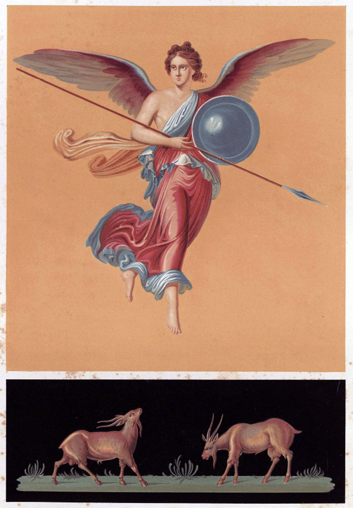 VII.1.25 Pompeii. Peristyle 31. 1854 drawing by Giuseppe Abbate of Armed Victory in flight and frieze portraying goats.
See Niccolini F, 1854. Le case ed i monumenti di Pompei: Volume Primo. Napoli. Strada Stabiana Casa No. 57, Tav II.
See Carratelli, G. P., 1990-2003. Pompei: Pitture e Mosaici: Vol. VI. Roma: Istituto della enciclopedia italiana, p. 330.