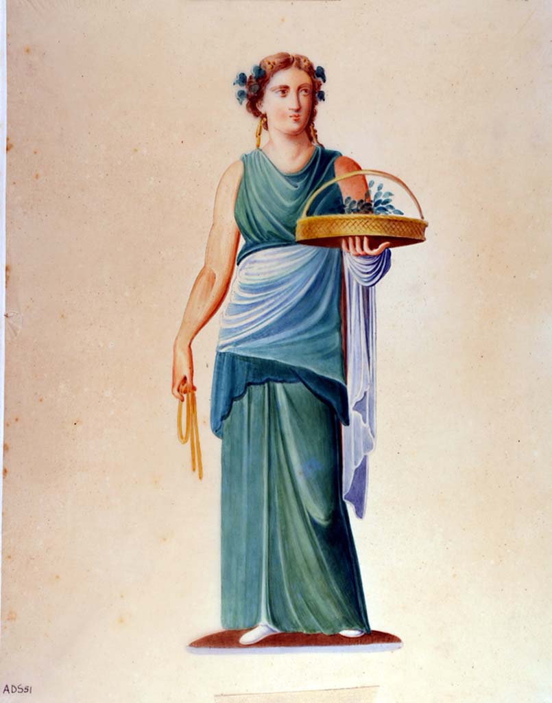 VII.1.25 Pompeii. Peristyle 31. Painting by Giuseppe Abbate, of woman with offering.
According to PPM, no. 196, on page 331, this figure may have been part of the decoration on the east wall of peristyle 31.
According to Disegnatori, p.393, no. 209/210, this figure came from a room which was not identifiable.
Now in Naples Archaeological Museum. Inventory number ADS 51.
Photo © ICCD. http://www.catalogo.beniculturali.it
Utilizzabili alle condizioni della licenza Attribuzione - Non commerciale - Condividi allo stesso modo 2.5 Italia (CC BY-NC-SA 2.5 IT)
See Helbig, W., 1868. Wandgemälde der vom Vesuv verschütteten Städte Campaniens. Leipzig: Breitkopf und Härtel, (1803).