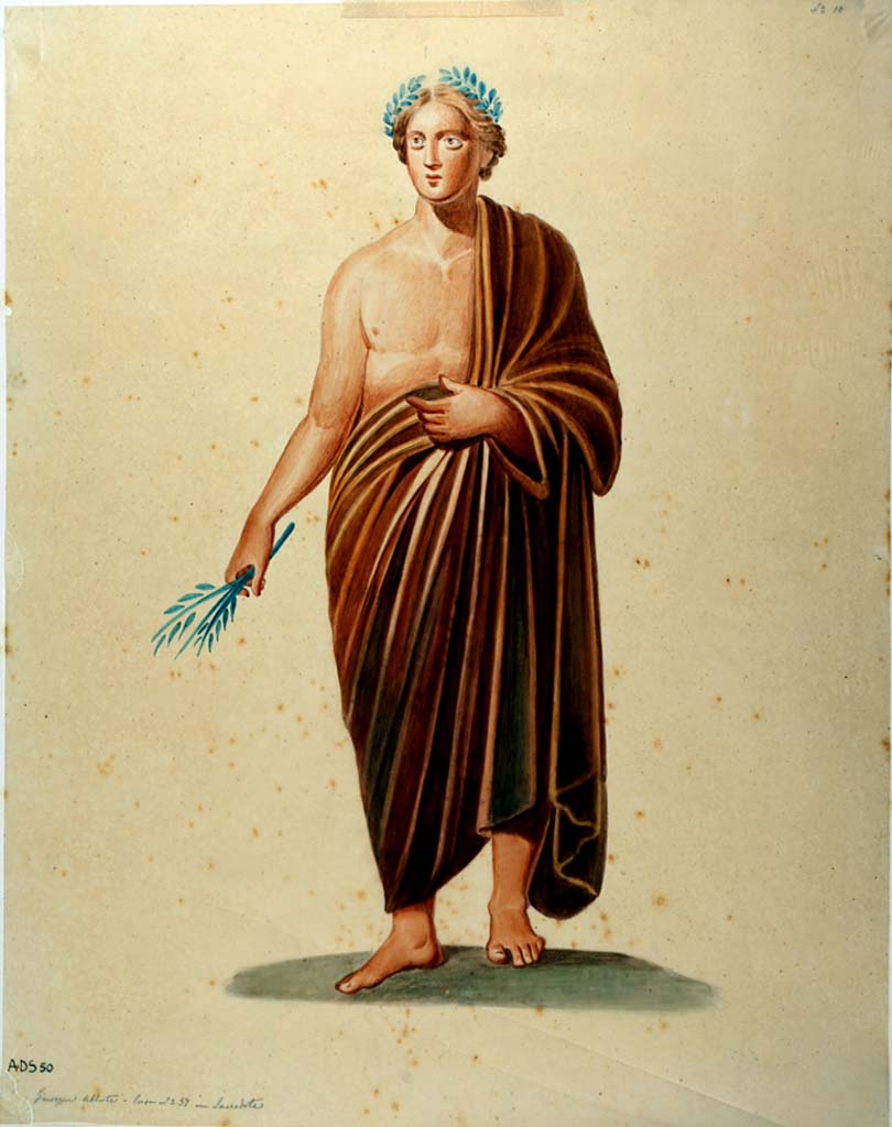 VII.1.25 Pompeii. Peristyle 31. Painting by Giuseppe Abbate, of masculine figure, perhaps a poet with branch in right hand.
This figure may have been seen on the west wall of the peristyle 31.
Now in Naples Archaeological Museum. Inventory number ADS 50.
Photo © ICCD. http://www.catalogo.beniculturali.it
Utilizzabili alle condizioni della licenza Attribuzione - Non commerciale - Condividi allo stesso modo 2.5 Italia (CC BY-NC-SA 2.5 IT)