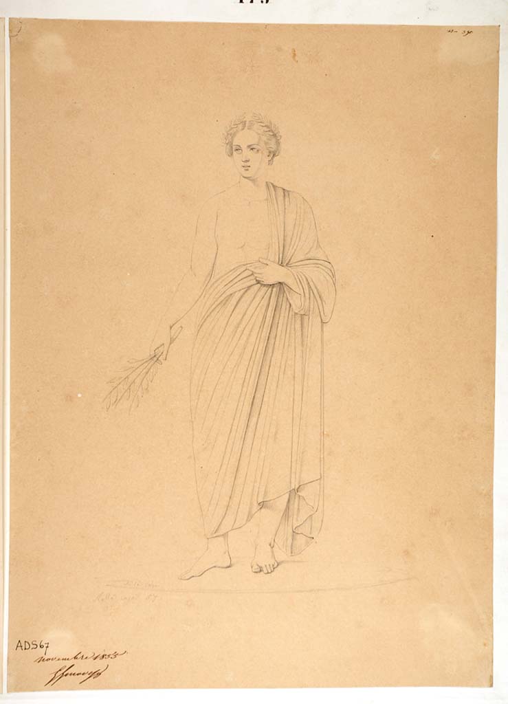 VII.1.25 Pompeii. Peristyle 31. Drawing by Nicola La Volpe, November 1855, of masculine figure of poet, which has now faded from the walls. Now in Naples Archaeological Museum. Inventory number ADS 67.
Photo © ICCD. http://www.catalogo.beniculturali.it
Utilizzabili alle condizioni della licenza Attribuzione - Non commerciale - Condividi allo stesso modo 2.5 Italia (CC BY-NC-SA 2.5 IT)