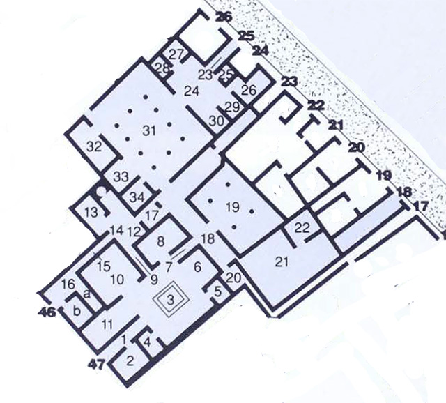 VII.1.47 Pompeii. Domus Vedi Sirici or House of Siricus
or House of Vedius Siricus and Vedius Nummianus
VII.1.25 Pompeii. Casa dei Principi di Russia, second entrance to VII.1.47
VII.1.46 Third entrance linked to VII.1.25 and VII.1.47
Combined Plan