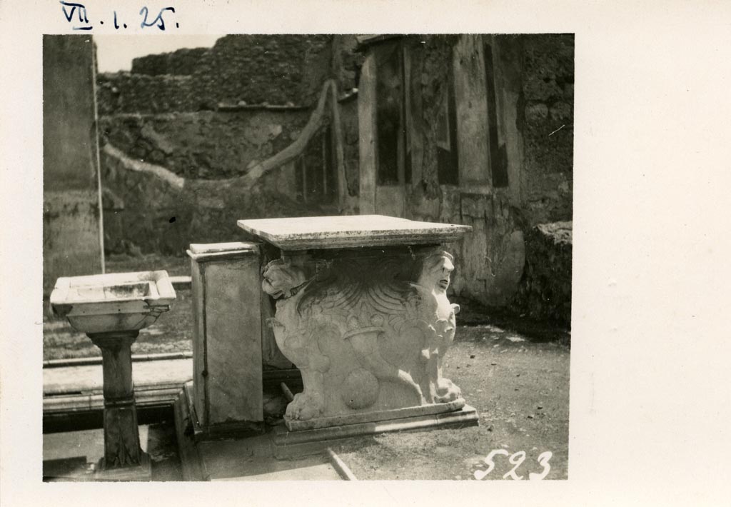 VII.1.25 Pompeii. Pre-1937-39.
Looking south-west across atrium towards painted decoration on west wall, and ala with remaining painted walls.
Photo courtesy of American Academy in Rome, Photographic Archive. Warsher collection no. 523.