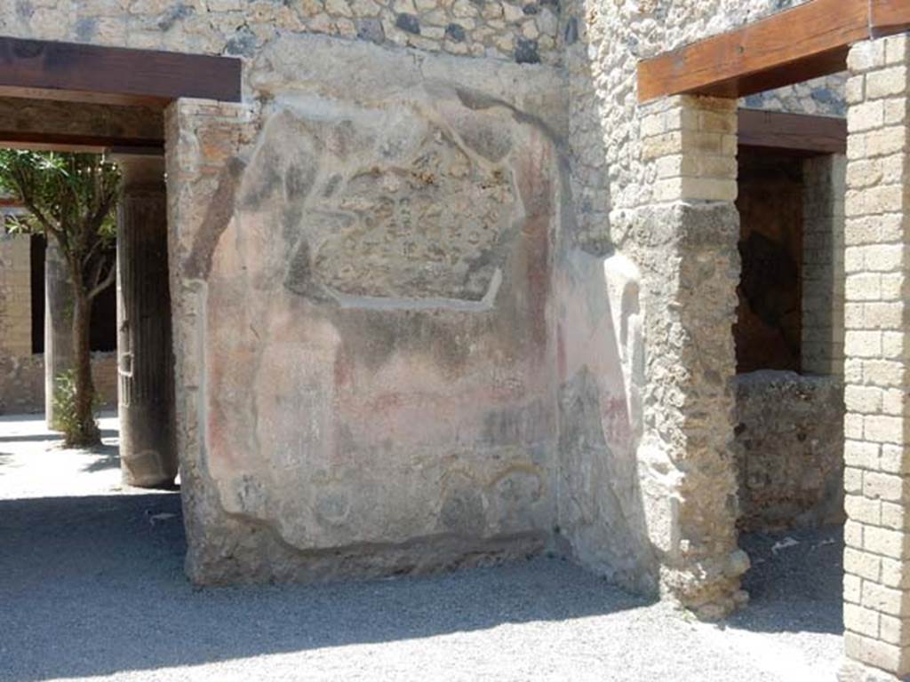 VII.1.25 Pompeii. May 2017.
Remains of painted fourth style plaster (as can be seen in photo above this one) on west wall in north-west corner of atrium 24.
Photo courtesy of Buzz Ferebee.