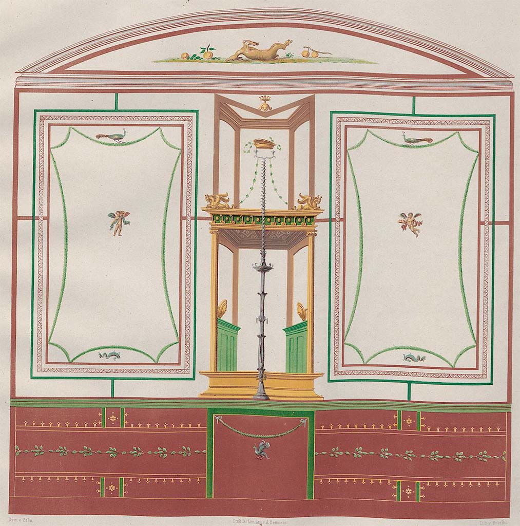 VII.1.25 Pompeii. Pre-November 1856 painting by Zahn of north wall of room 28 in north-west corner of atrium.
See Carratelli, G. P., 1990-2003. Pompei: Pitture e Mosaici: Vol. VI. Roma: Istituto della enciclopedia italiana, p. 320.
See Zahn, W., 1852. Die schönsten Ornamente und merkwürdigsten Gemälde aus Pompeji, Herkulanum und Stabiae: III. Berlin: Reimer. Taf. 77.