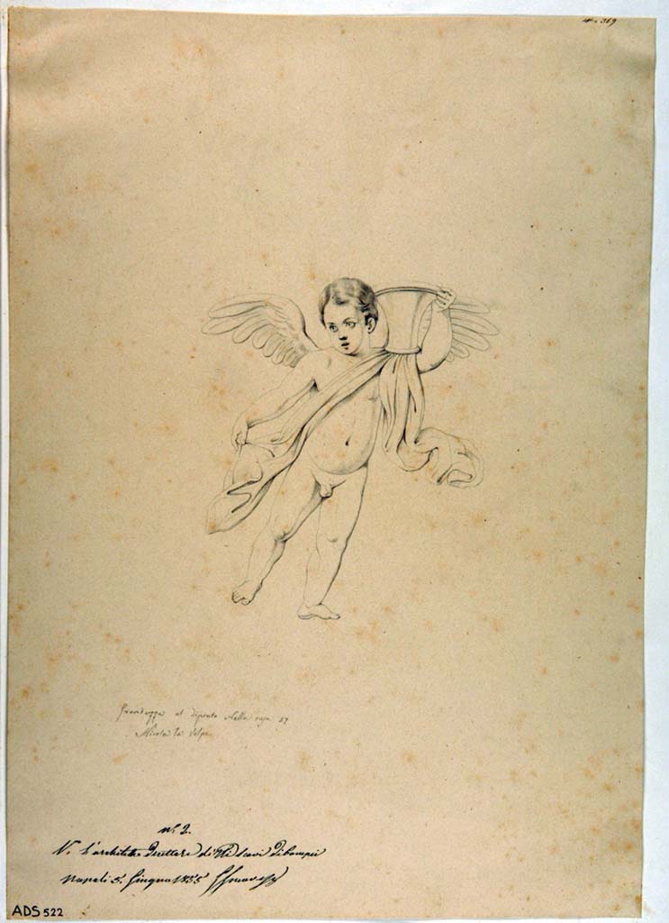 VII.1.25 Pompeii. Room 28, north wall. Drawing by Nicola La Volpe, of a cupid carrying a vase on his shoulder.
Now in Naples Archaeological Museum. Inventory number ADS 522.
Photo © ICCD. http://www.catalogo.beniculturali.it
Utilizzabili alle condizioni della licenza Attribuzione - Non commerciale - Condividi allo stesso modo 2.5 Italia (CC BY-NC-SA 2.5 IT)