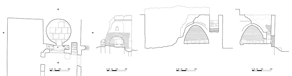 Fig. 10 – Pompéi, boulangerie VII 1, 36-37 – Plan, façade et coupes du four.
Relevé / dessin : S. Mencarelli /EFR.
