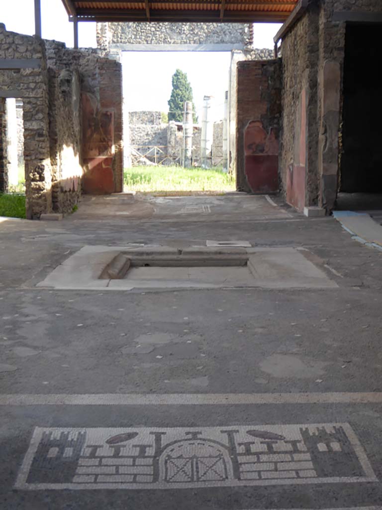 VII.1.40 Pompeii. September 2018. Looking south across impluvium in atrium towards tablinum 11.
Foto Annette Haug, ERC Grant 681269 DÉCOR.
The south wall of the tablinum still shows remains of IV Style decoration, a high purple/violet zoccolo with squares with painted flowers and carpet borders: the middle of the walls was painted black.