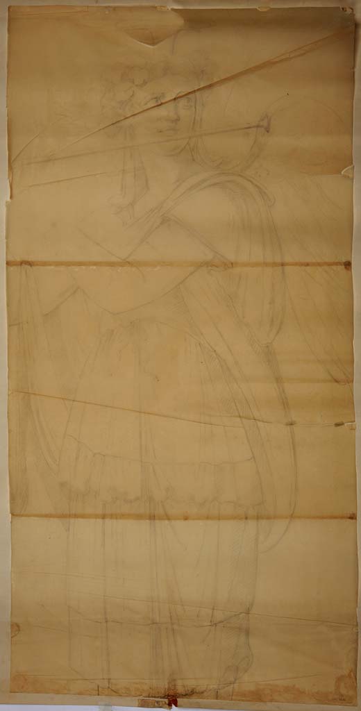 VII.1.40 Pompeii. Anonymous drawing of one of the Caryatid/Herms from the south end of the west wall of oecus, playing a flute.
Now in Naples Archaeological Museum. Inventory number ADS 1213.
Photo © ICCD. http://www.catalogo.beniculturali.it
Utilizzabili alle condizioni della licenza Attribuzione - Non commerciale - Condividi allo stesso modo 2.5 Italia (CC BY-NC-SA 2.5 IT)
