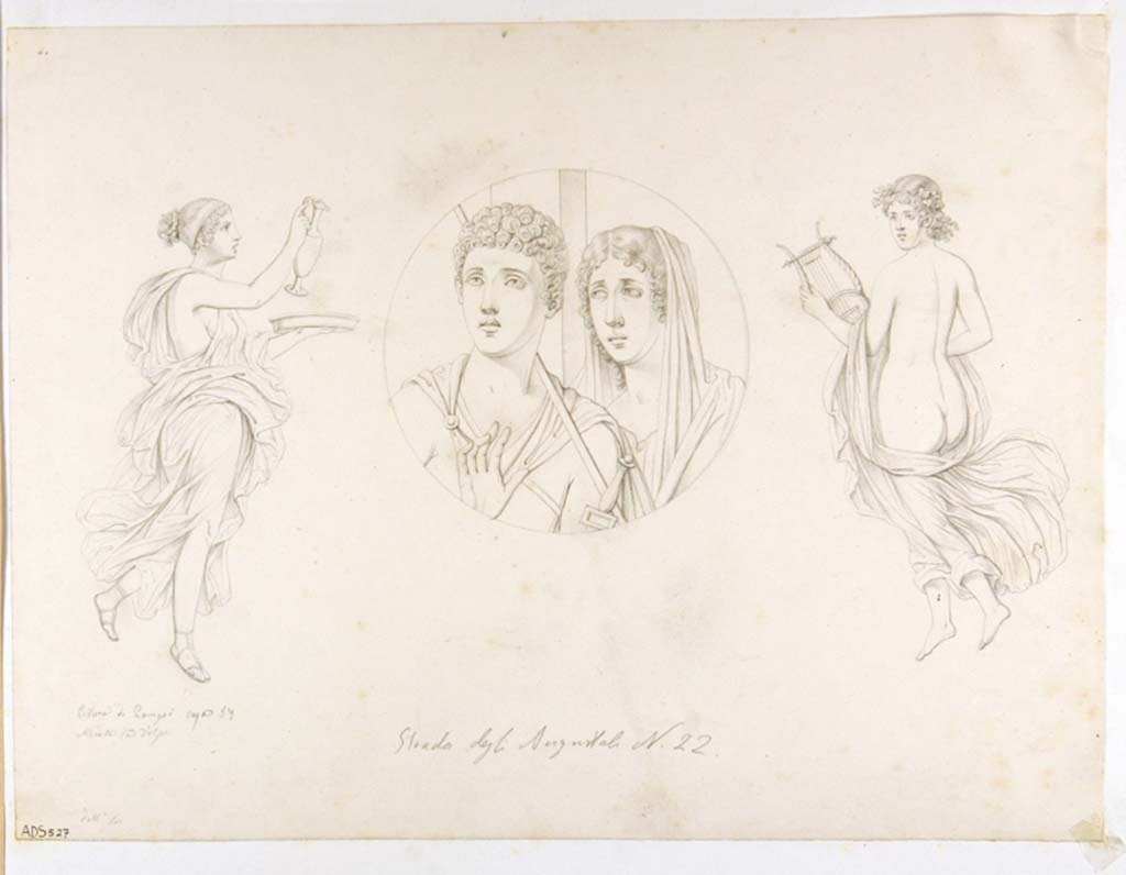 VII.1.40 Pompeii. Drawing by Nicola La Volpe of three subjects seen on the north and west wall of the atrium.
On the left, the figure with a jug and plate could be seen on the yellow background on the north wall at the west end, but now much faded and only outline remains. (Sogl. 830). 
In the centre is the medallion from the pilaster between two doorways, see above.
On the right, the figure with the lyre could be seen at the north end of the west wall on a red background, but only the lower part remains now. (Sogl.821).
See Sogliano, A., 1879. Le pitture murali campane scoverte negli anni 1867-79. Napoli: Giannini. (830, p.159) (821, p.158).
Now in Naples Archaeological Museum. Inventory number ADS 527.
Photo © ICCD. http://www.catalogo.beniculturali.it
Utilizzabili alle condizioni della licenza Attribuzione - Non commerciale - Condividi allo stesso modo 2.5 Italia (CC BY-NC-SA 2.5 IT)
