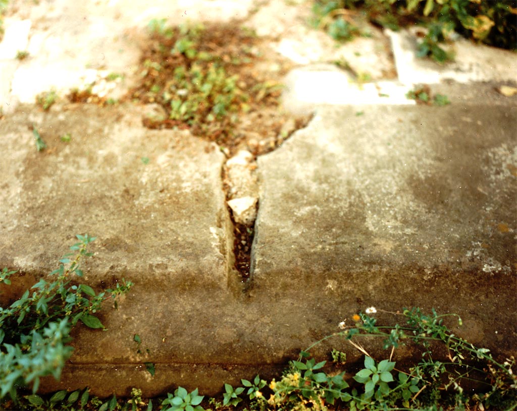 VII.1.40 Pompeii. 1987. 
According to Espen B. Andersson (email), this is the edge of the tufa impluvium with a slot for a lead pipe, which proves the existence of a fountain in the atrium.  
Photo courtesy of Espen B. Andersson.

