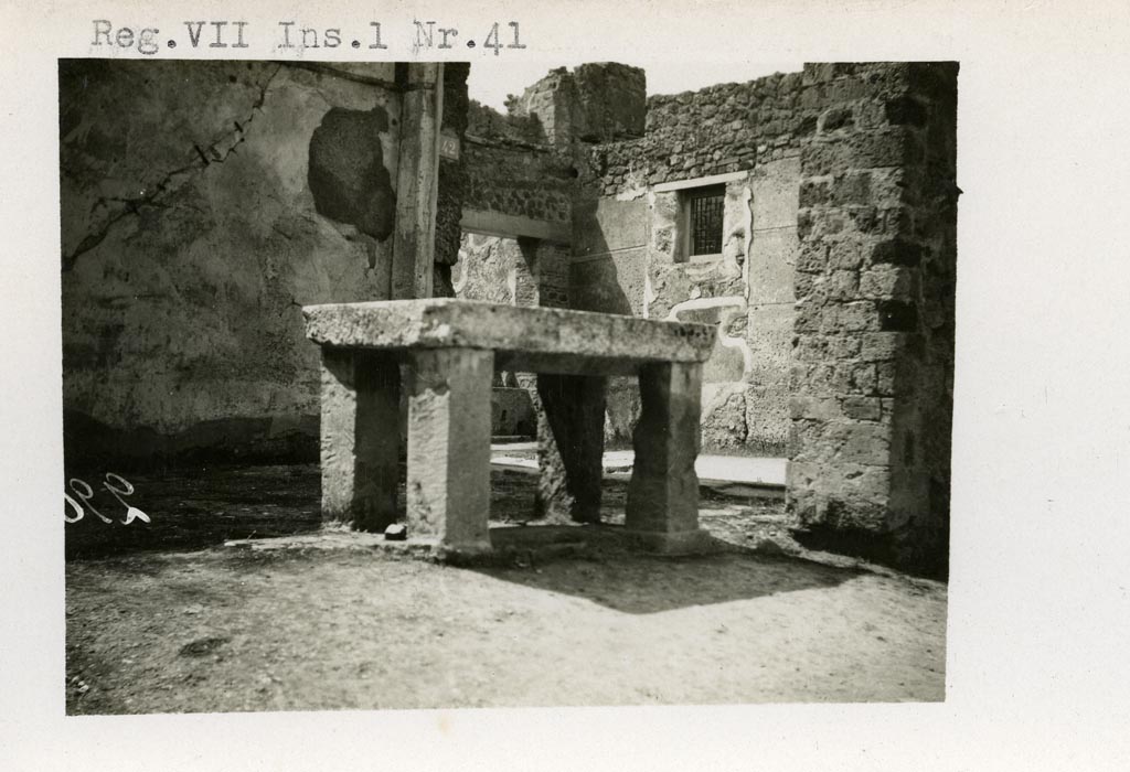 VII.1.41 Pompeii. Pre-1937-39.
Looking south-west towards entrance at VII.1.42 and out through doorway into Vicolo del Lupanare.
Photo courtesy of American Academy in Rome, Photographic Archive. Warsher collection no. 290.