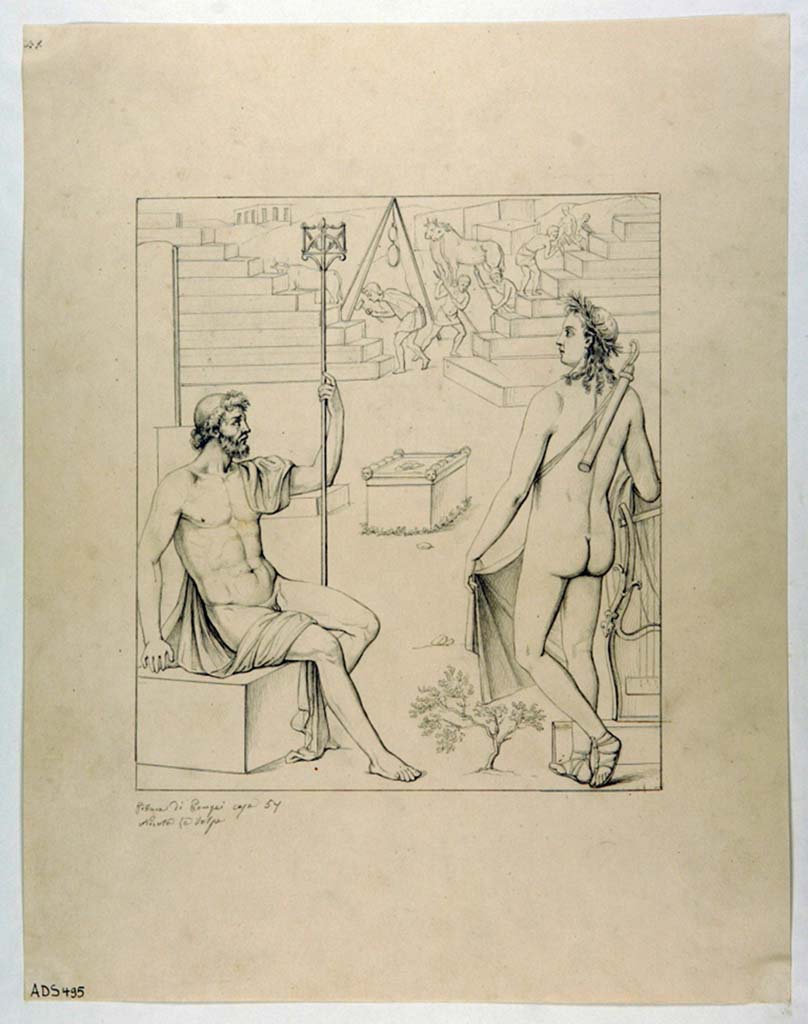 VII.1.47 Pompeii, Exedra 10, central painting on west wall. Drawing by Nicola La Volpe, showing Poseidon and Apollo at the walls of Troy. (Helbig 1266)
Now in Naples Archaeological Museum. Inventory number ADS 495.
Photo © ICCD. http://www.catalogo.beniculturali.it
Utilizzabili alle condizioni della licenza Attribuzione - Non commerciale - Condividi allo stesso modo 2.5 Italia (CC BY-NC-SA 2.5 IT)
See Helbig, W., 1868. Wandgemälde der vom Vesuv verschütteten Städte Campaniens. Leipzig: Breitkopf und Härtel, (1266).
