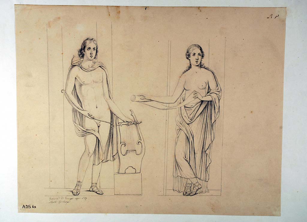 VII.1.47 Pompeii. Exedra 10, north wall. Drawings by Nicola La Volpe, of two figures seen in the middle zone architecture, on either side of the central wall painting on north wall.
On the left is a drawing of Apollo (Helbig 186) and on the right, a female figure with a scroll, (Helbig 860). 
For the female figure, see also painting by Abbate featured on the right, east side, of central painting, below.
Now in Naples Archaeological Museum. Inventory number ADS 63.
Photo © ICCD. http://www.catalogo.beniculturali.it
Utilizzabili alle condizioni della licenza Attribuzione - Non commerciale - Condividi allo stesso modo 2.5 Italia (CC BY-NC-SA 2.5 IT)
See Helbig, W., 1868. Wandgemälde der vom Vesuv verschütteten Städte Campaniens. Leipzig: Breitkopf und Härtel, 186, 860.
