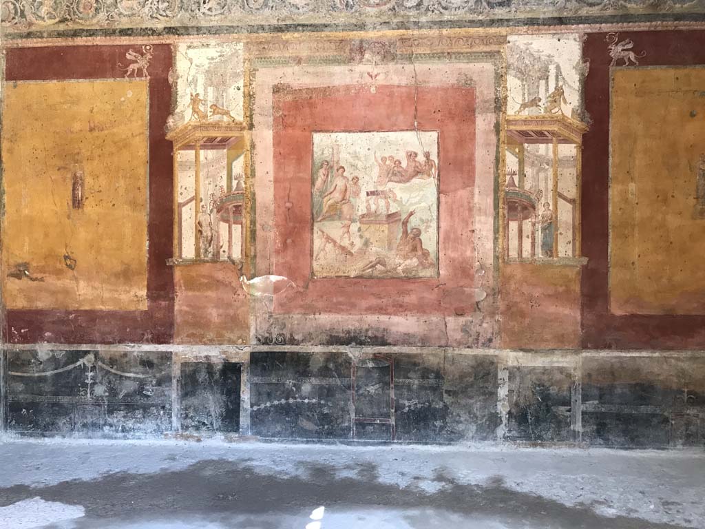 VII.1.47 Pompeii, April 2019. Exedra 10, looking towards centre of north wall. Photo courtesy of Rick Bauer.