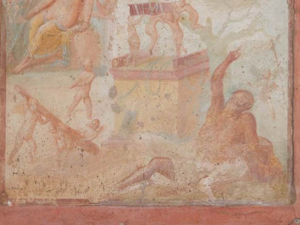 VII.1.47 Pompeii. May 2017. Exedra 10, detail of lower central painting on north wall. 
Hercules, inebriated, is lying on the ground at the foot of a cypress tree.  
On the altar, three Cupids bear the hero's quiver on their shoulders.  
Four other Cupids are on the ground playing with his club. 
Photo courtesy of Buzz Ferebee. 
