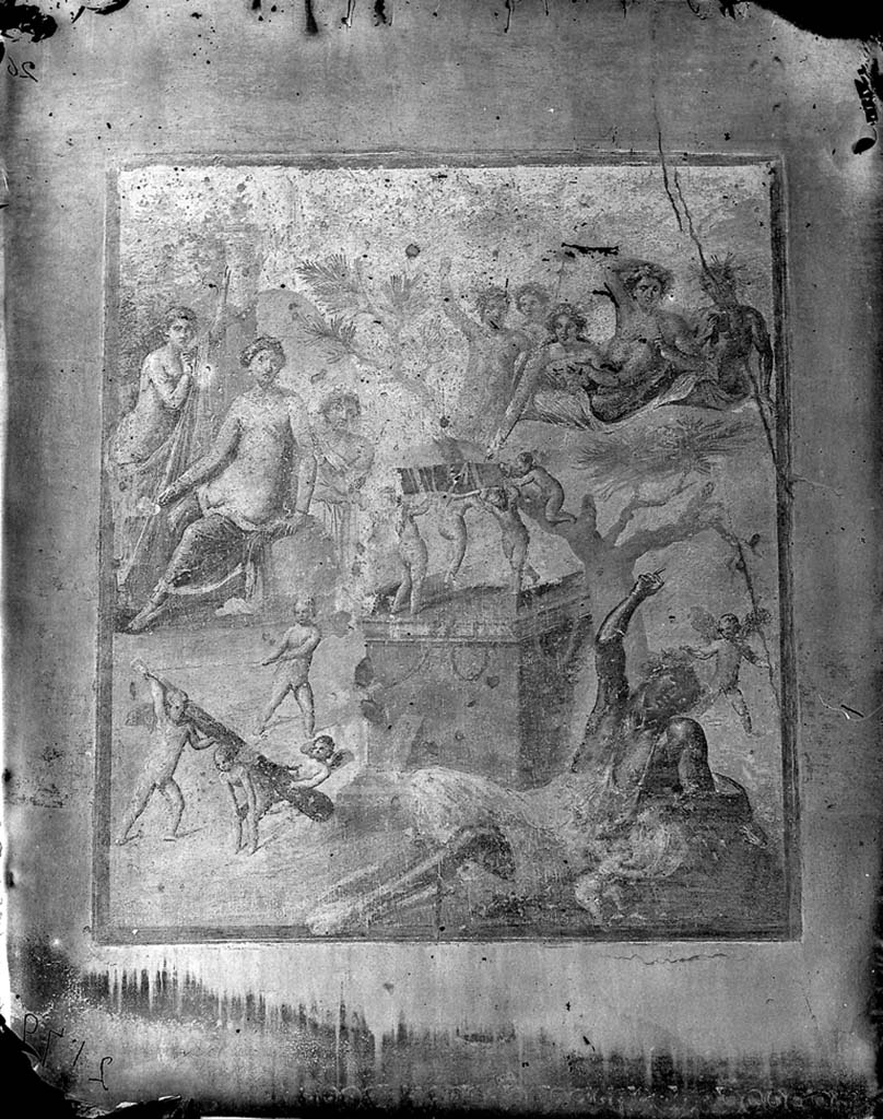 VII.1.47 Pompeii. c.1871. Wall painting of drunken Hercules, from north wall of exedra 10.  
Photo by J. H. Parker, © American Academy in Rome. Parker.2179.Italia.
