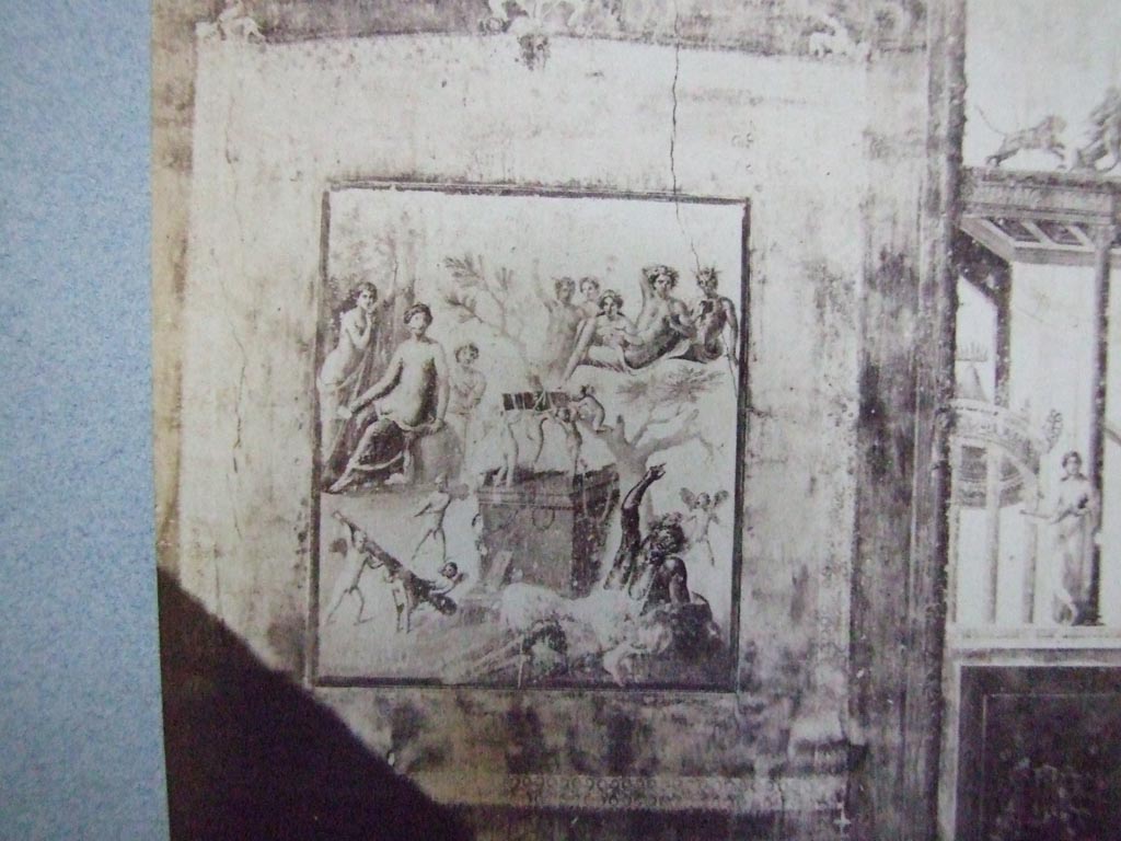 VII.1.47 Pompeii. Photo c. 1860s? Exedra in north-west corner of atrium.  
Detail of wall painting of the Drunken Hercules.  
Hercules, inebriated, is lying on the ground at the foot of a cypress tree.  
On the altar, three Cupids, bear on their shoulders the hero's quiver.  
Four other Cupids are on the ground playing with his club. 
On the left a group of three females round a column with a vase on top.  
The central figure, Omphale(?), seems to look with interest on the drunken hero. 
On the right, half way up a mountain, sits Bacchus, surrounded by his attendants.  
See Pompeii Its History Buildings and Antiquities by Thomas Dyer, pages 463 to 465.
Old undated photograph. Courtesy of Society of Antiquaries, Fox Collection.  
