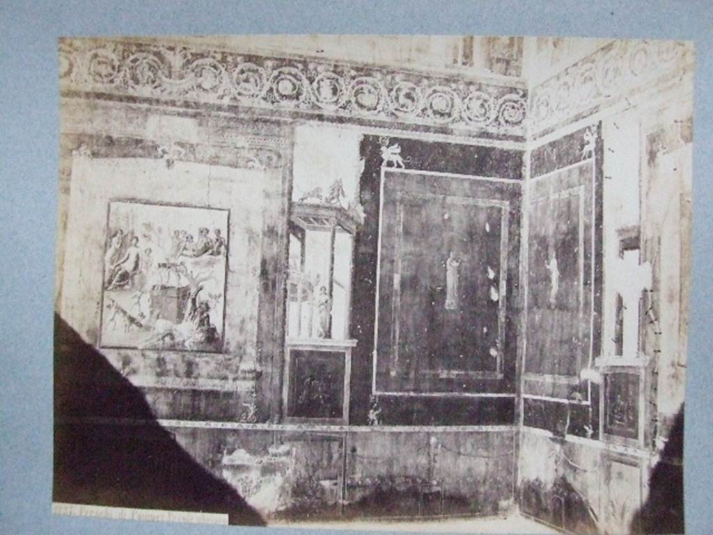 VII.1.47 Pompeii. Photo (c.1860s?) of exedra 10 in north-west corner of atrium.  Old undated photograph, Courtesy of Society of Antiquaries, Fox Collection. The same photo is published in Dyer’s book of 1867. See Dyer, T., 1867. The Ruins of Pompeii. London: Bell and Daldy. (p.82-83)
