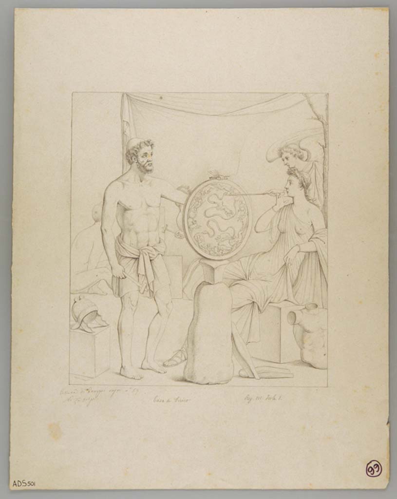 VII.1.47 Pompeii. Room 10, painting in centre of east wall, still in situ. Drawing by Nicola La Volpe, showing Thetis at the forge of Hephaestus.
Now in Naples Archaeological Museum. Inventory number ADS 501.
Photo © ICCD. http://www.catalogo.beniculturali.it
Utilizzabili alle condizioni della licenza Attribuzione - Non commerciale - Condividi allo stesso modo 2.5 Italia (CC BY-NC-SA 2.5 IT)
See Helbig, W., 1868. Wandgemälde der vom Vesuv verschütteten Städte Campaniens. Leipzig: Breitkopf und Härtel, (Helbig 1316). 

