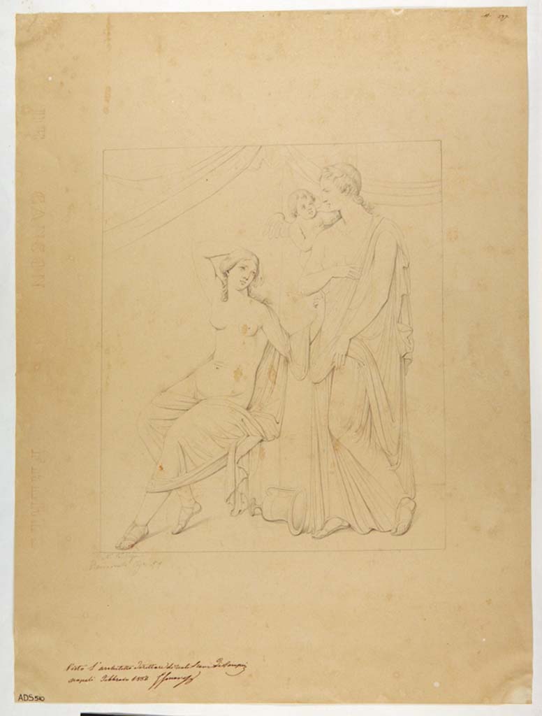 VII.1.25/47 Pompeii. Drawing by Nicola La Volpe, of a painting with couple. This is no longer identifiable in situ, but according to Helbig was seen in this house. 
Now in Naples Archaeological Museum. Inventory number ADS 510.
Photo © ICCD. http://www.catalogo.beniculturali.it
Utilizzabili alle condizioni della licenza Attribuzione - Non commerciale - Condividi allo stesso modo 2.5 Italia (CC BY-NC-SA 2.5 IT)
See Helbig, W., 1868. Wandgemälde der vom Vesuv verschütteten Städte Campaniens. Leipzig: Breitkopf und Härtel, (1397).
