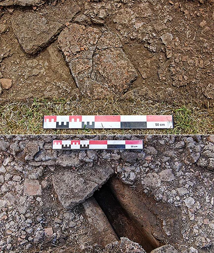 Fig. 25 – Pompéi, boulangerie VII 2, 3.6 – Canalisation de récupération de l’eau ( ?) dans la première phase du péristyle.
Vues du nord.
Clichés : A. Delvigne-Ryrko – EFR.
