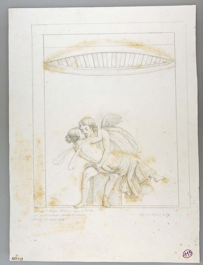 VII.2.6 Pompeii. Drawing by Nicola La Volpe, (1868), of a fresco found in the upper zone of the painted architecture of the tablinum, of Cupid and Psyche. (Sogl. 394).
Now in Naples Archaeological Museum. Inventory number ADS 529.
Photo © ICCD. http://www.catalogo.beniculturali.it
Utilizzabili alle condizioni della licenza Attribuzione - Non commerciale - Condividi allo stesso modo 2.5 Italia (CC BY-NC-SA 2.5 IT)
The original fresco is now In Naples Archaeological Museum, inventory number 9195.
See Sogliano, A., 1879. Le pitture murali campane scoverte negli anni 1867-79. Napoli: Giannini. (See p.67, no. 394).
