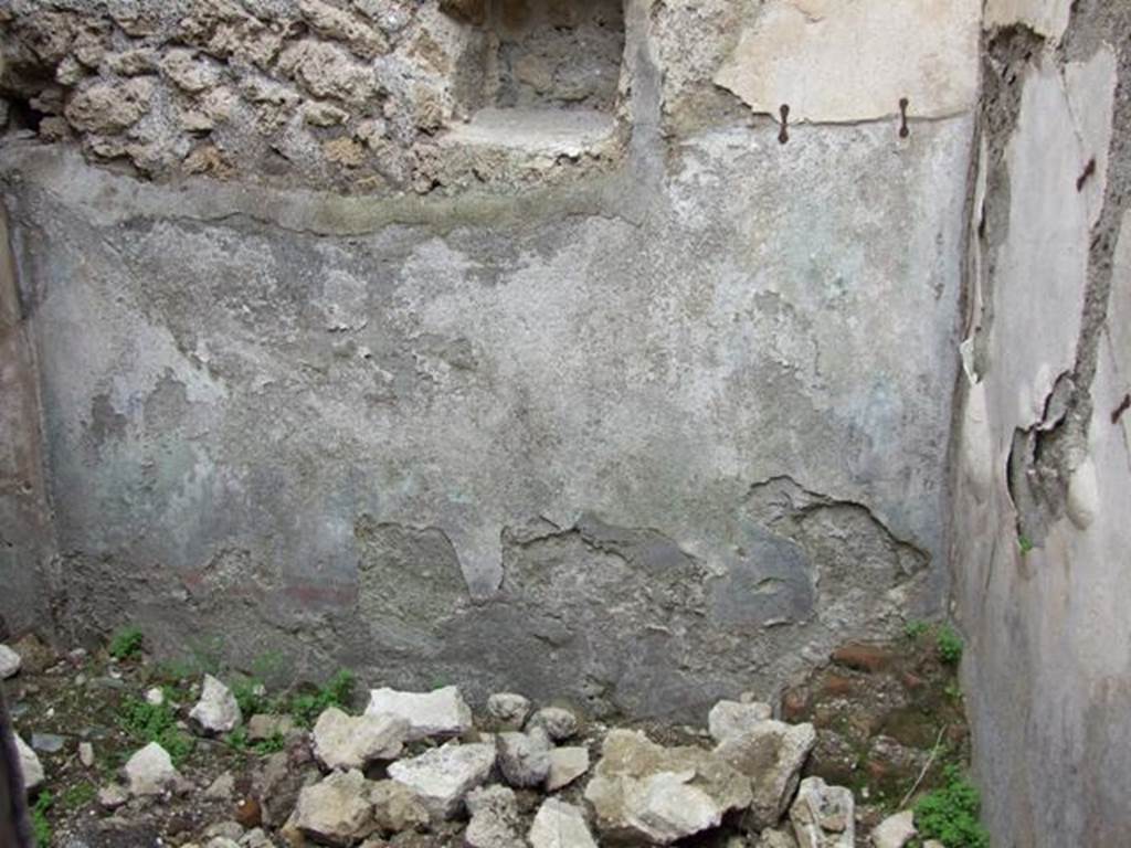 VII.2.14 Pompeii.  March 2009. Garden room.  West wall.  Remains of garden painting.  This had a fence, a basin shaped fountain, birds and a female figure.  This female figure was to the right of the fountain and perhaps was a statue of Venus.  See Jashemski, W. F., 1979. The Gardens of Pompeii. New York: Caratzas. (p62: T100).