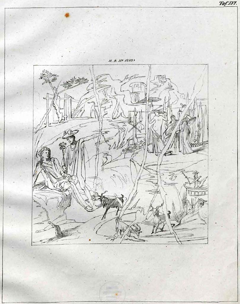 VII.2.14 Pompeii. 1868. Tablinum, south wall. Drawing by Helbig of the painting of the Judgement of Paris.
See Helbig, W., 1868. Wandgemlde der vom Vesuv verschtteten Stdte Campaniens. Leipzig: Breitkopf und Hrtel, 1283b, Taf. XVI.

