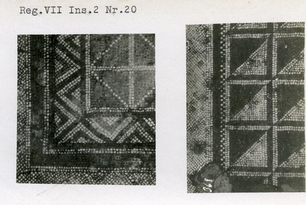 VII.2.20 Pompeii. Pre 1937-39. Mosaic, on left, border of emblema in centre of tablinum 01 (our room 8).
Mosaic, on right, location now yet discovered.
Photo courtesy of American Academy in Rome, Photographic Archive. Warsher collection no. 368.
