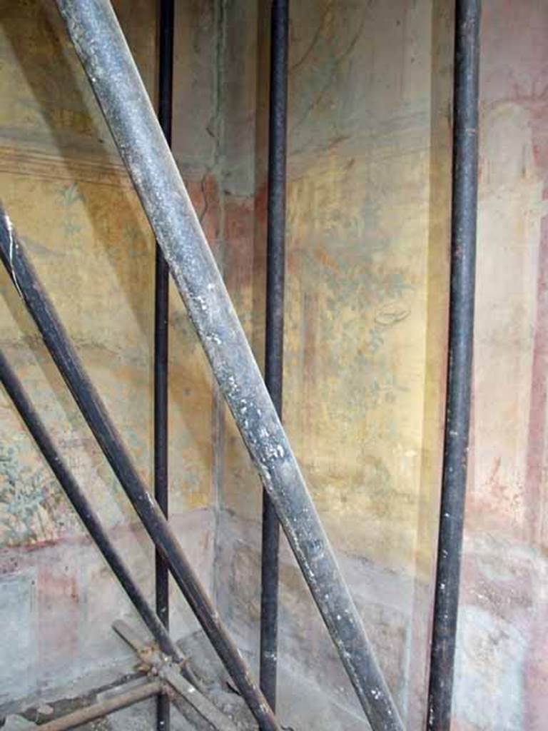 VII.2.25 Pompeii. March 2009. Viridarium, south-east corner. On the south wall (to the right) is a painting of a plant with a bird and a Delphic tripod. To its right is a painted herm with the head of a Gorgon. In the upper zone is another plant painting.