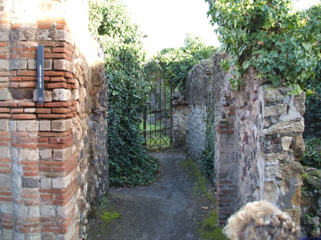 VII.2.25 Pompeii. December 2004. Looking east along entrance corridor.
According to Boyce, in the kitchen on the north side of the entrance corridor, a poorly preserved lararium painting was found.
On the right of an altar was the Genius in a toga, on the left was the tibicen in a long white garment.
On each side of them stood a Lar clad in a green and yellow tunic and red cloak.
The Genius was larger than the tibicen, but the Lares were larger than the Genius.
In the lower zone, two serpents were confronted at an altar, above them were garlands and in front, plants.
See Boyce G. K., 1937. Corpus of the Lararia of Pompeii. Rome: MAAR 14. (p.63, no. 255).