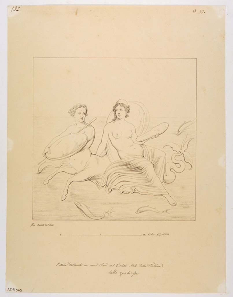 VII.2.25 Pompeii. Drawing by Giuseppe Abbate, 1846, of the painting of Thetis riding on a marine centaur with the arms of Achilles.
Found on the west wall of triclinium on a red background.
Originally the excavators described this painting as Venus with the arms of Mars.
Now in Naples Archaeological Museum. Inventory number ADS 545.
Photo © ICCD. http://www.catalogo.beniculturali.it
Utilizzabili alle condizioni della licenza Attribuzione - Non commerciale - Condividi allo stesso modo 2.5 Italia (CC BY-NC-SA 2.5 IT)