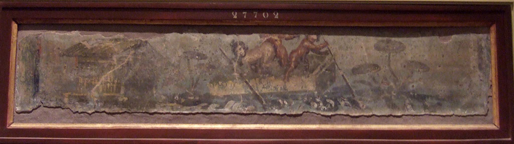 VII.2.25 Pompeii. Found on the pluteus of the peristyle. Nile scene with pigmies.
Now in Naples Archaeological Museum. Inventory number 27702.