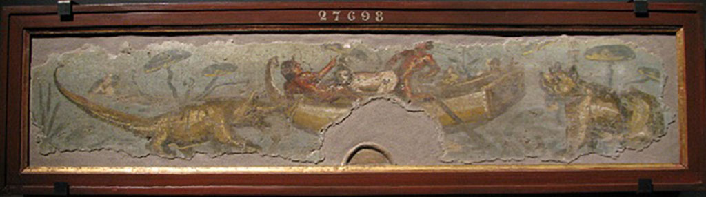 VII.2.25 Pompeii. Found on the pluteus of the peristyle. Nile scene with pigmies.
Now in Naples Archaeological Museum. Inventory number 27698.
