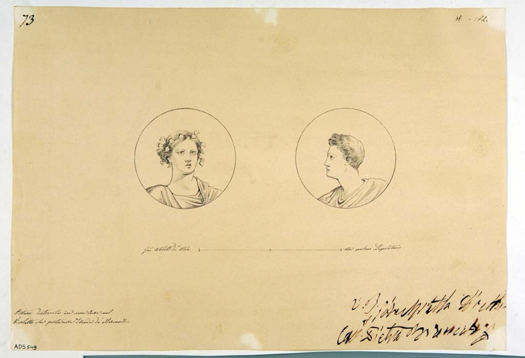 VII.2.25 Pompeii. Drawing by Giuseppe Abbate, 1844, of two medallions found in the oecus.
There is only one small trace now of one of the medallions on a yellow background in the middle zone of the west wall.
According to Abbate, the female head is crowned with ivy and turning to the right, the male head turns to the left.
Now in Naples Archaeological Museum. Inventory number ADS 549.
Photo © ICCD. http://www.catalogo.beniculturali.it
Utilizzabili alle condizioni della licenza Attribuzione - Non commerciale - Condividi allo stesso modo 2.5 Italia (CC BY-NC-SA 2.5 IT)