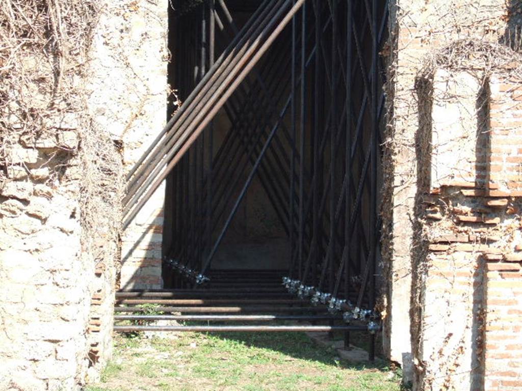 VII.2.25 Pompeii. September 2005. Looking east to the viridarium at the rear of the portico.
According to PPP, this is the viridarium and contains an arched niche in the east wall. Boyce thought this was the oecus. Jashemski points out that Boyce was in error, and that the area of the viridarium had been roofed to protect the paintings. Jashemski agreed with PPP and said the area at the rear was the small garden. See Bragantini, de Vos, Badoni, 1986. Pitture e Pavimenti di Pompei, Parte 3. Rome: ICCD. (p.80) See Boyce G. K., 1937. Corpus of the Lararia of Pompeii. Rome: MAAR 14. (p.63, no. 254) See Jashemski, W. F., 1993. The Gardens of Pompeii, Volume II: Appendices. New York: Caratzas. (p.174 and p.359 for full description)