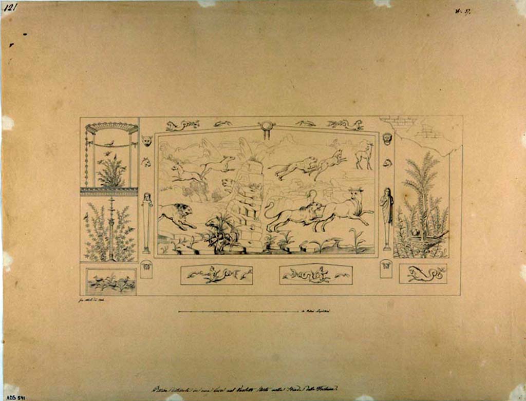 VII.2.25 Pompeii. Drawing by Giuseppe Abbate, 1846, of animal hunt from south wall of viridarium.
See Helbig, W., 1868. Wandgemälde der vom Vesuv verschütteten Städte Campaniens. Leipzig: Breitkopf und Härtel, 1586.
Now in Naples Archaeological Museum. Inventory number ADS 541.
Photo © ICCD. http://www.catalogo.beniculturali.it
Utilizzabili alle condizioni della licenza Attribuzione - Non commerciale - Condividi allo stesso modo 2.5 Italia (CC BY-NC-SA 2.5 IT)