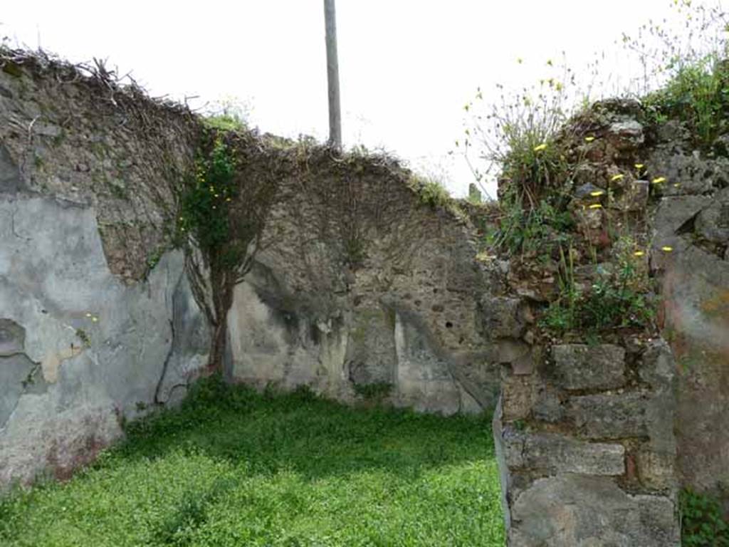 VII.2.35 Pompeii. May 2010. Looking south into the triclinium from the doorway of the garden. The following graffiti was found in this room 
CXXVI
CXX
CXII
CXIX
CXXXIX
CXXX
CXXV     [CIL IV 1677]
See Pagano, M. and Prisciandaro, R., 2006. Studio sulle provenienze degli oggetti rinvenuti negli scavi borbonici del regno di Napoli.  Naples : Nicola Longobardi. (p.160)
