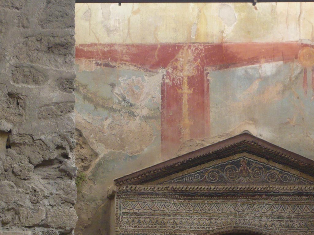 VII.2.45 Pompeii. May 2012. West side of north wall behind fountain, with detail of painted wall. Photo courtesy of Buzz Ferebee.