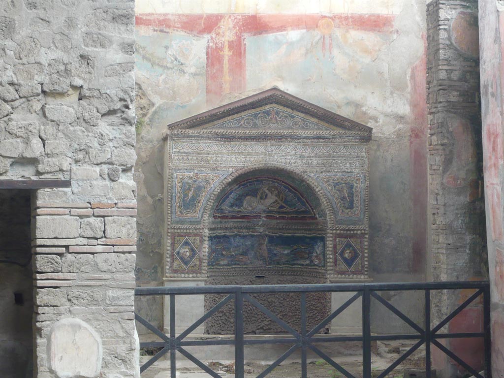 VII.2.45 Pompeii. May 2012. Looking towards mosaic fountain against north wall of garden area. Photo courtesy of Buzz Ferebee.